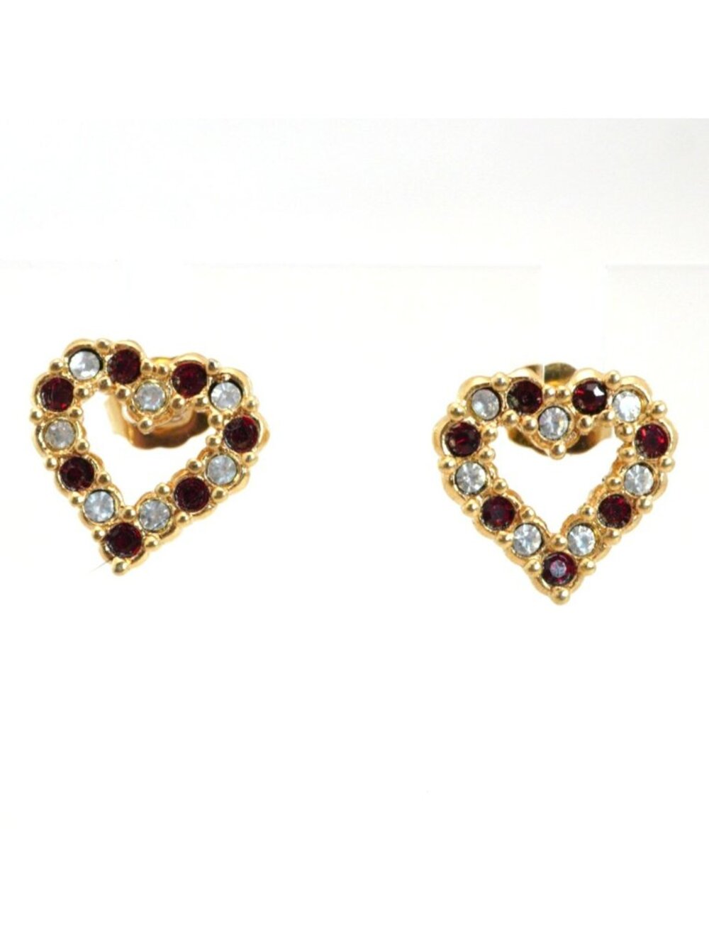 Vintage Avon Heart Red Clean Rhinestones Gold-Tone Post Earrings - Picture 1 of 7